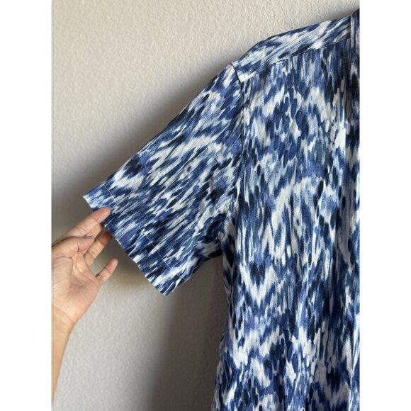 Tasso Elba Men Large Blue Utata Ikat Tie Dye Button Up Linen Short Sleeve Shirt - Picture 8 of 12